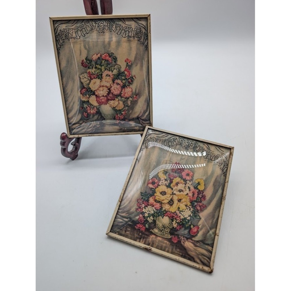 2 Benton Glass Co Lithograph Convex Bubble Floral Silhouette 5x4 3D Frame Vtg